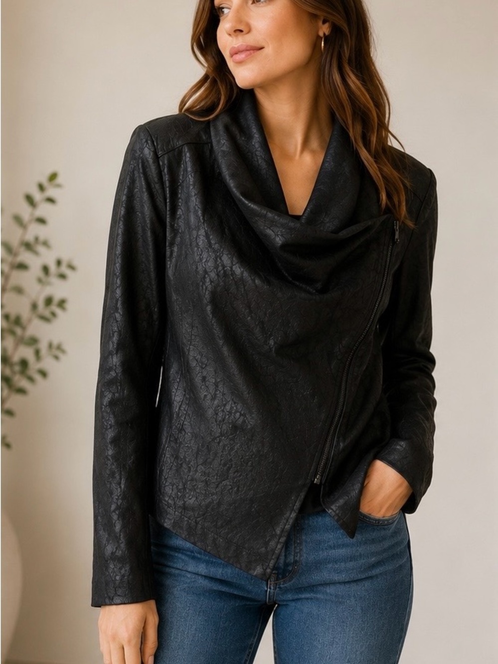 Vigoss Black Faux Leather Draped Zip Jacket